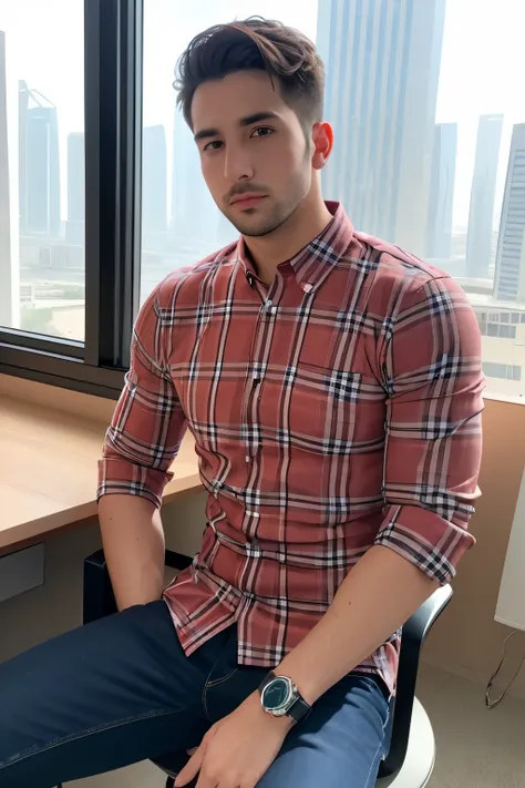 Bust of a young man 35 year old red plaid shirt and entrepreneur sitting behind a very close office and made with a rolex on the wrist and a square jaw with a little badly shaved in front of a window with a view of very chic Dubai buldings