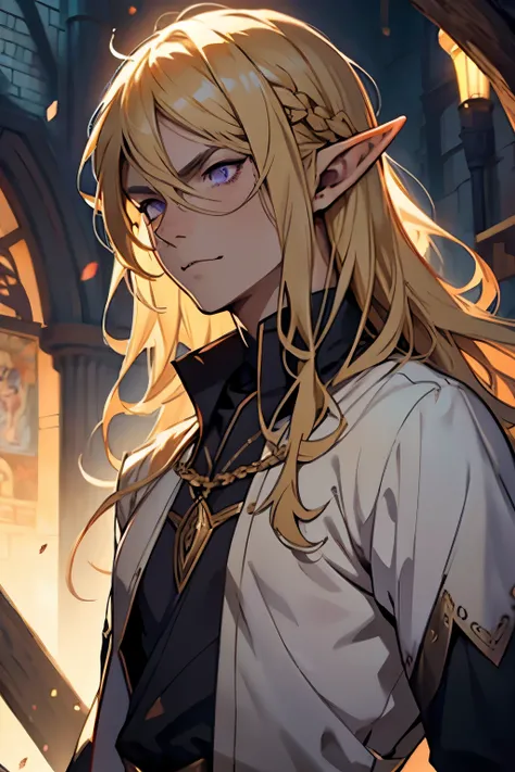 anime - style image of a young elf with purple eyes and blonde hair, blonde hair, blonde hair, a portrait of a male elf, beautiful male elf, a male elf, portrait of a young elf wizard, handsome guy in demon slayer art, elven male, young half elf wizard, be...