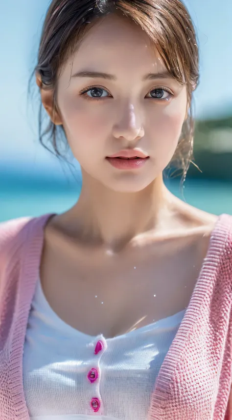 ((highest quality、8k、masterpiece:1.3))、1 girl、Beautiful woman with slender abs:1.3、(medium short hair、:1.2)、cardigan:1.1、highly detailed face、detailed eye、double eyelid　There&#39;s pink There　water　get wet　T-shirt　big breasts