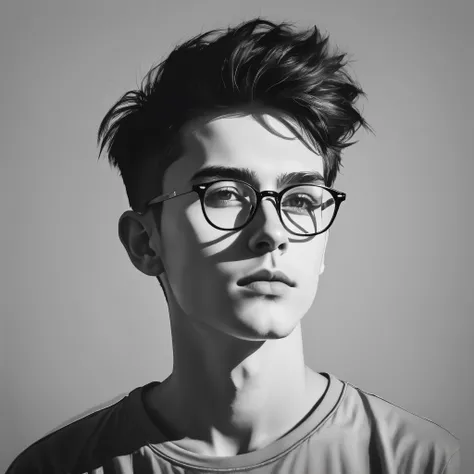 (Minimalism:1.5)，Portraits，(Black and white sketch painting)，Simple composition，20 year old boy, There is light on the face, t-shirt，Glasses，Expressive