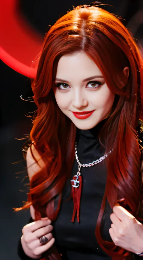 masterpiece, best quality, highres, 1girl, solo, modern vampire, red hair, long hair, open hair, red eyes, evil smile, 2 young boys on her both sides, both vampires with red hair, red and black outfit, scary background