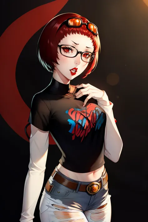 femonica, short hair,red hair, red eyes ,glossy lips , 1girl, solo, standing, black t-shirt, white shirt, jeans, belt, lipstick,...