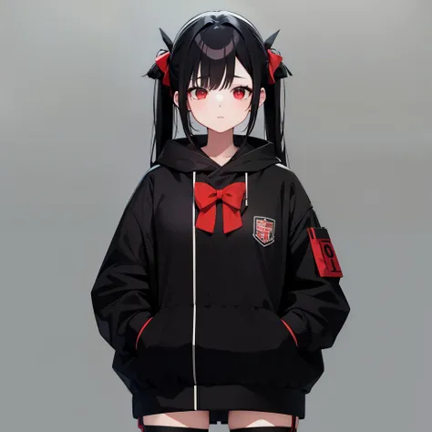 Female character with a delicate, slightly chubby face and red eyes. High resolution 4k image, full body, black hair, with hair style tied up in two red bows., anime style cold look, con ropa de colegiada de japonesa color negro media pantis negras con poc...