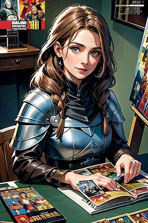 Birds Eye View  detailed ((dnd knight middle aged woman  portrait)), happy, HD, (oil painting:1.1), (comic book art style:1.5),(inked outline:1.3), Stunning, Character, Portrait, (((Looking Sideways))), angular features, (darkbrown Braids Hair),  (muted na...