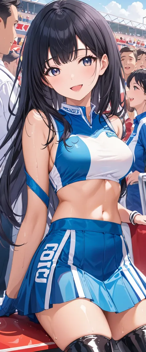 1 female,black hair,25 years old,(((shiny race queen&#39;s revealing uniform,tight mini skirt)))(((blush、open mouth smile)),(((s...