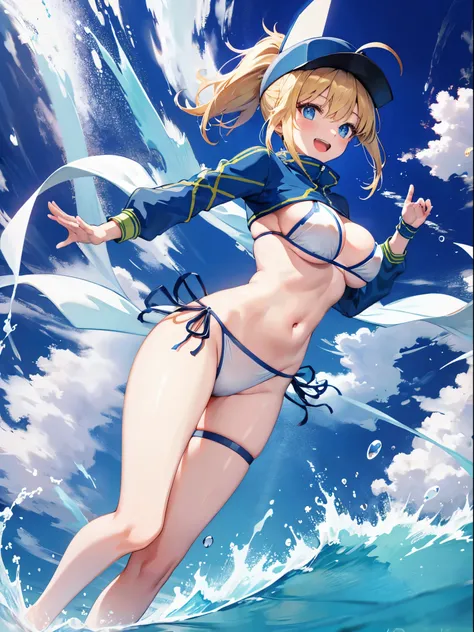 masterpiece,(ultra-detailed),1girl, mysterious heroine xx (fate), half_eyes,smile,open mouth, swimsuit, white bikini, side-tie bikini bottom, shrug (clothing), jacket,  thigh strap, wristband,  large_breasts, ocean, splashing,blonde_ponytail,open_legs,cap,...