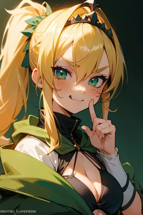 (best quality,ultra-detailed), (anime:1.1), (portrait:1.1), blonde hair, side ponytail, tiara, freckles, green cloak, black string bikini, big chest, sticking out tongue, holding up middle finger, youthful, bratty, teasing, cruel, angry eyes, cute smile, v...