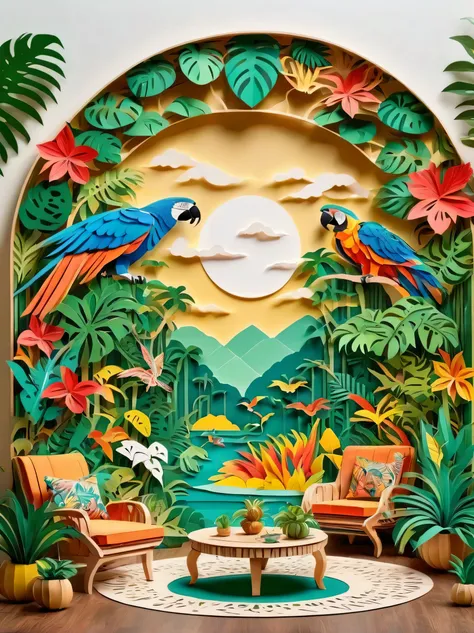 paper cut art style，amazon jungle，precious plants around the picture，tropical plants，circular pattern，macaw in the center of the...