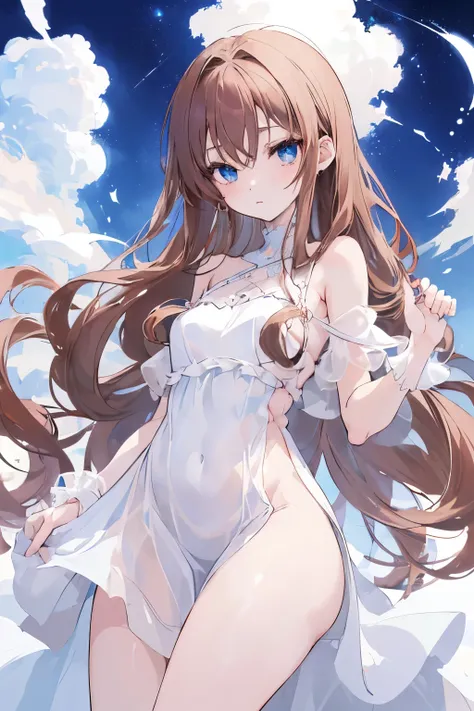 (animesque:1.3), Extreme refinement, 1girl in、Aloof look、A pure girl, , plain white dress, smock dress, babydoll dress, long wavy hair, brown hair, banfs, mysterious, blue eyes, innocent, pure, angelic shoujo, 2000’s anime style（) ( body) (very thin) (no c...