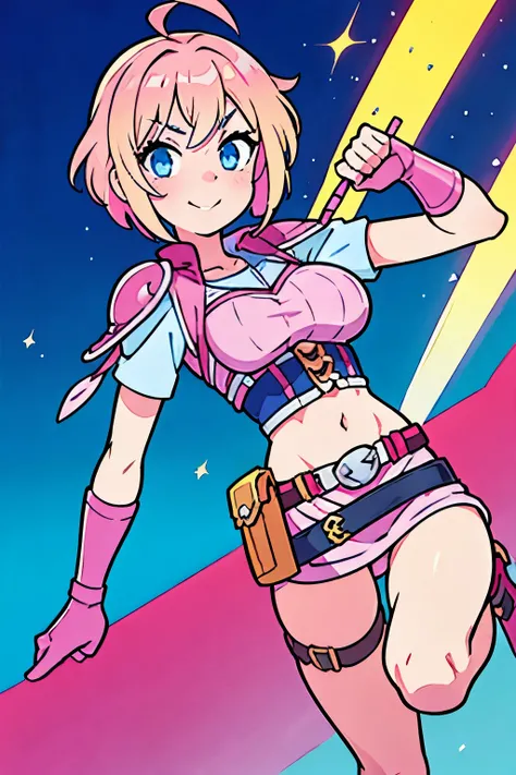 gwenpool, 1girl, weapon, blonde hair, multicolored hair, solo, blue eyes, sword, pouch, superhero, short hair, gradient hair, smile, belt, two-tone hair, pink hair, breasts, gloves, belt pouch, linhas grossas, desenho simples, flat