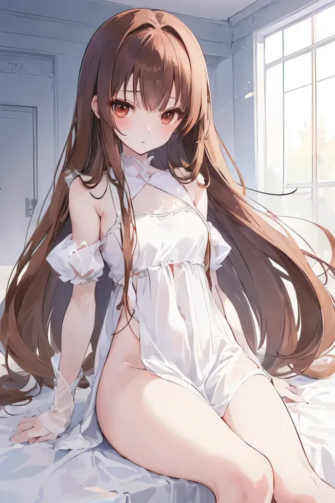 (animesque:1.3), Extreme refinement, 1girl in、Aloof look、A pure girl, , plain white dress, smock dress, babydoll dress, long straight hair, brown hair, bangs, mysterious, brown eyes, innocent, pure, angelic shoujo, 2000’s anime style（) ( body) (very thin) ...