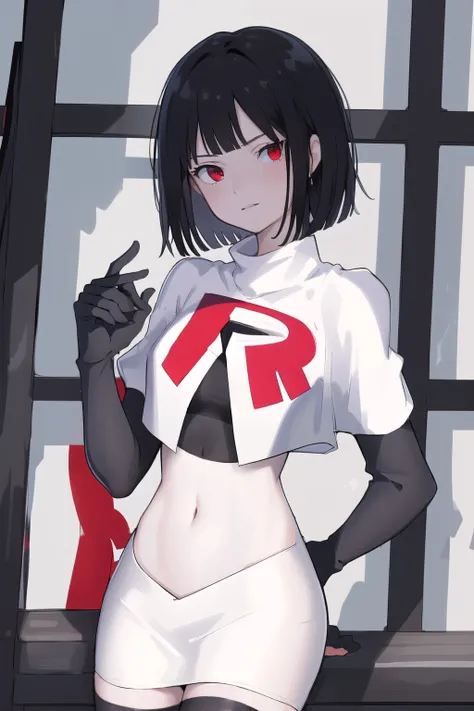 masterpiece, best quality, portrait, 1girl,  pale skin, black hair, bangs, short hair, red eyes, team rocket,team rocket uniform...