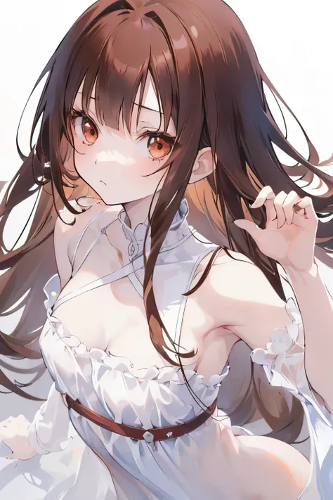 (animesque:1.3), Extreme refinement, 1girl in、Aloof look、A pure girl, , plain white dress, smock dress, babydoll dress, long straight hair, brown hair, bangs, mysterious, brown eyes, innocent, pure, shoujo, 2000’s anime style（) ( body) (very thin) (no curv...