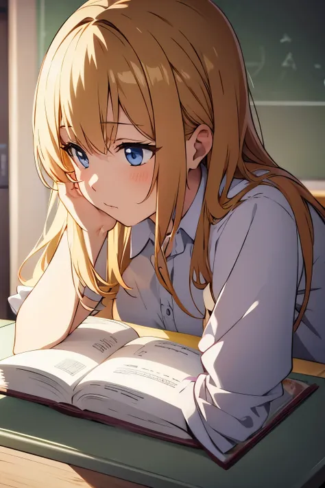 masterpiece), (Best quality anime illustrations), (super clear), a girl, alone, Beautiful girl with blonde hair, anime change, moist and transparent, classroom