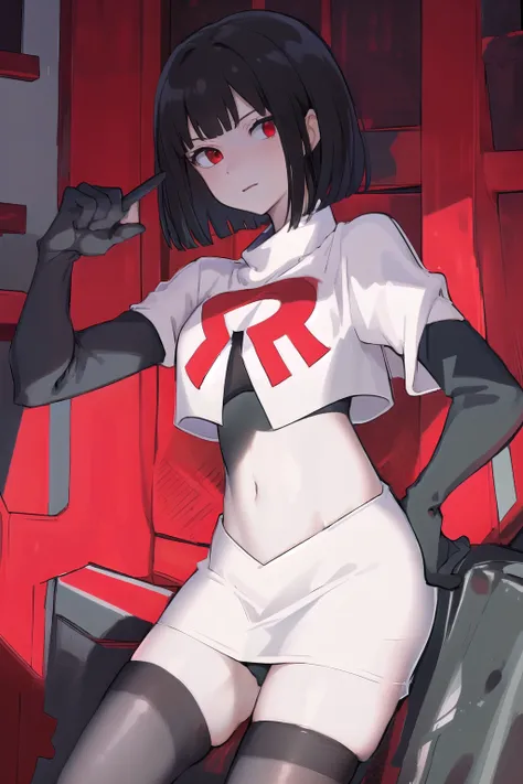 masterpiece, best quality, portrait, 1girl,  pale skin, black hair, bangs, short hair, red eyes, team rocket,team rocket uniform, red letter R, white skirt,white crop top,black thigh-highs, black elbow gloves,