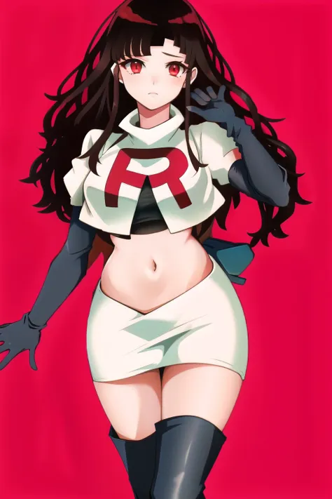 1girl, solo, messy hair, official style, face, portrait, team rocket,team rocket uniform, red letter r, white skirt,white crop t...