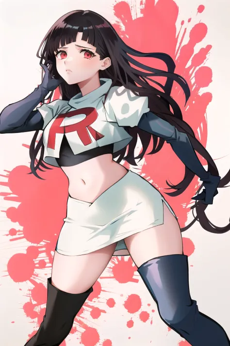 1girl, solo, messy hair, official style, face, portrait, team rocket,team rocket uniform, red letter r, white skirt,white crop t...