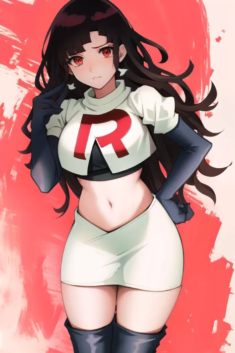 1girl, solo, messy hair, official style, face, portrait, team rocket,team rocket uniform, red letter r, white skirt,white crop t...