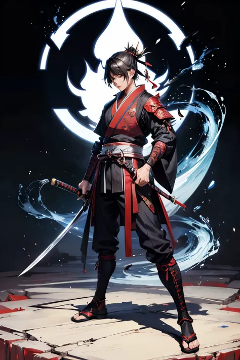 male、samurai、posture、cool、battle、whole body、Key Visual、unsheathed sword、overlooking