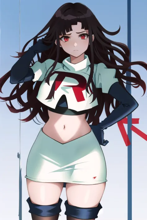 1girl, solo, messy hair, official style, face, portrait, team rocket,team rocket uniform, red letter r, white skirt,white crop t...