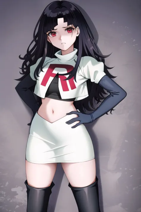 1girl, solo, messy hair, official style, face, portrait, team rocket,team rocket uniform, red letter r, white skirt,white crop t...