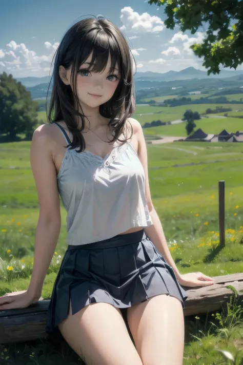 very cute and beautiful girl,(very detailed美しい顔と目:1.2),
white camisole,sitting,spread your legs,white panties,cowboy shot,dynamic angle,(smile),Happy,looking at the viewer,(blue pleated mini skirt:1.2),
countryside,grassland,top of the hill,small colorful ...