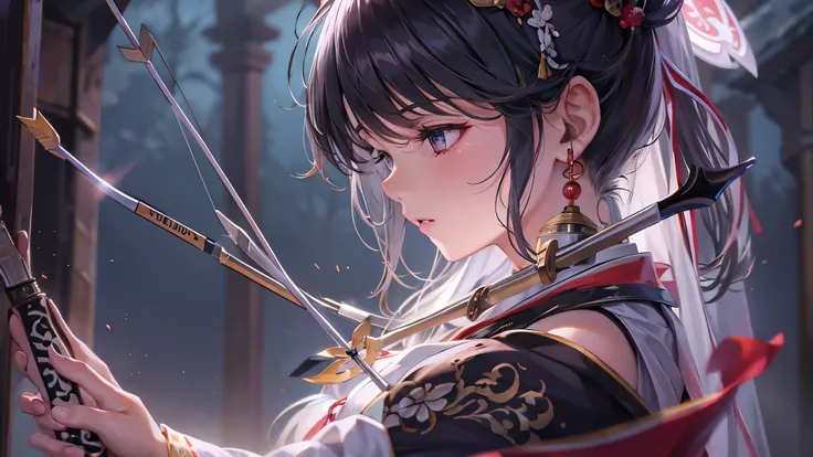 perfect anatomy, masterpiece:1.2, best quality, 8k, beautiful detailed grow, daydreaming expression, from-side (((Shooting:1.3 an Arrow of light))) (hand holding long-bow gripping long-bow in hand), break, a (blunt bangs) (black hair long hair divine beaut...