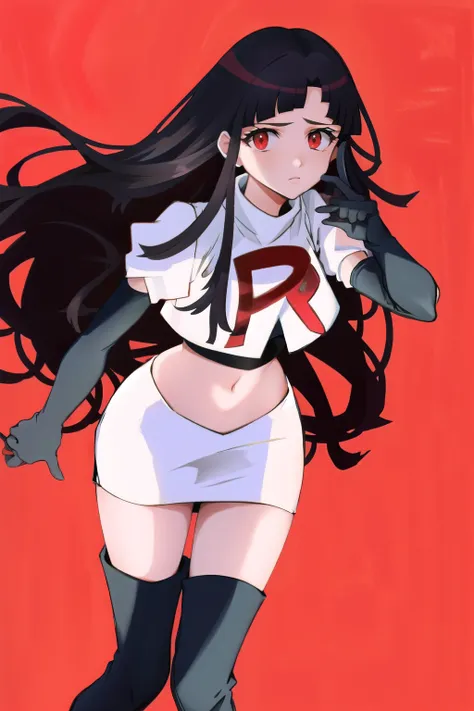 1girl, solo, messy hair, official style, face, portrait, team rocket,team rocket uniform, red letter r, white skirt,white crop t...