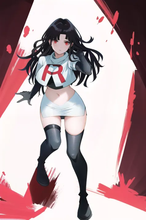 1girl, solo, messy hair, official style, face, portrait, team rocket,team rocket uniform, red letter r, white skirt,white crop t...