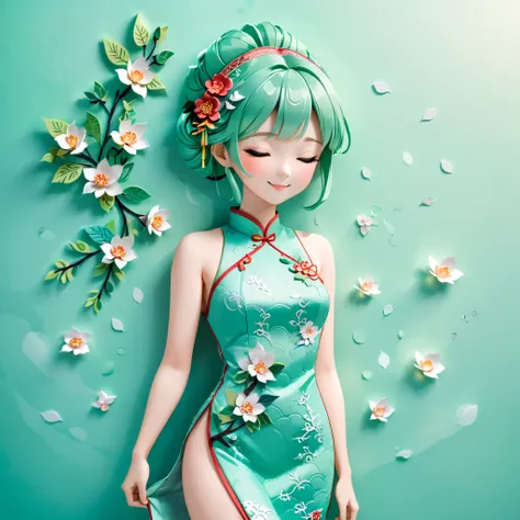 (paper art, Quilted paper art, 3D),  (full body:1.5),1 Cheongsam woman，Shy, close eyes, Slender figure，perfectly proportions，Delicate hair accessories, smile，Oriental elements，simple background, mint green,  (Soft Lighting, Bokeh)