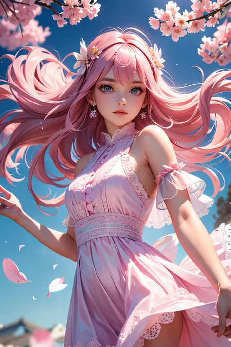 (CG unity 8k wallpaper extremely detailed) (better quality) (better lighting) (an extremely delicate and beautiful) (floating) (beautiful) (spring atmosphere) (1girl) (long pink hair), (hair headband), (detailed and beautiful blue eyes), ((very short white...