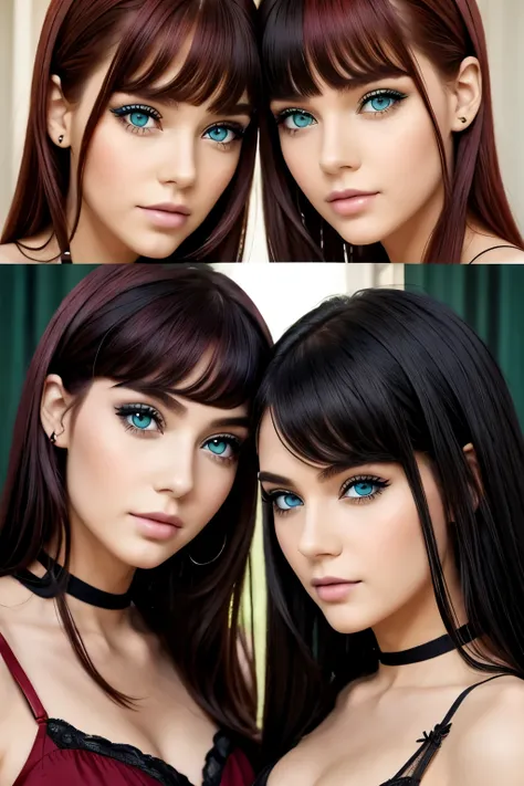 Twins, {1  bule eyes_red hair 2 green eyes_black hair}, 