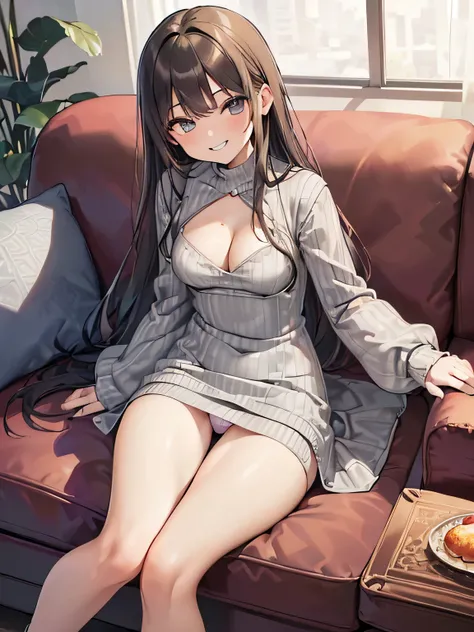 (masterpiece、highest quality、High resolution、realistic pictures、real looking skin:1.1), (She is wearing a tight gray knit minidress with long sleeves。.:1.5), (There is a small gap in the chest of that dress.、I can see the cleavage.:1.5), 1 Japanese woman, ...