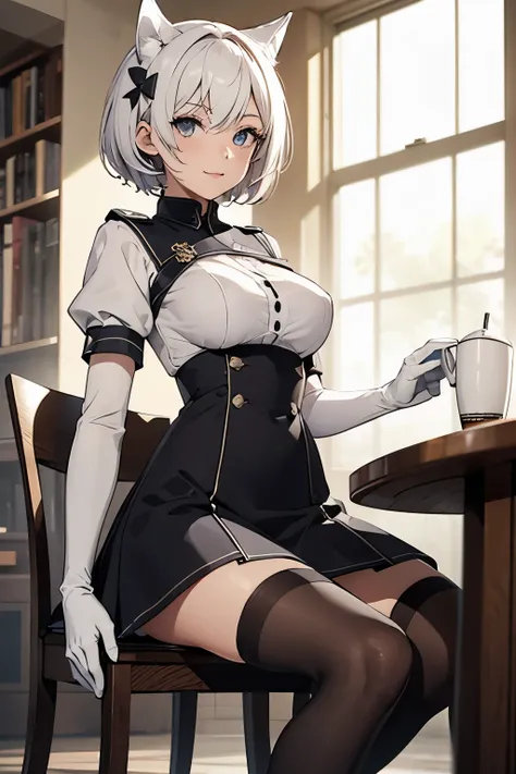 table top　High level image quality　best image quality　In 8K　adult woman（I）　white long gloves（（blanche）（elbow gloves））　白いstockings（（blanche）（stockings）　white uniform（sleevelesini skirt　wolf ears　short hair（（shortcut）（gray hair）（Habitual hair）（fluffy））laught...