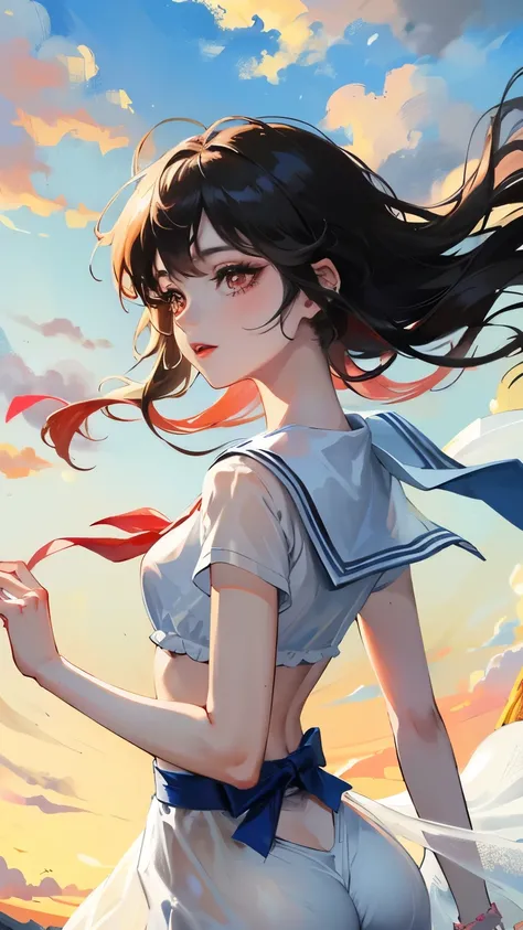 young girl　black hair　short hair　red eyes　irreverent face　look down　thin body　thin thighs　small breasts　small ass　toned body　blue sky　cloud　hair blowing in the wind　high quality　High resolution　8k　vampire　watercolor　natural feel　bridge of the nose　((最high ...