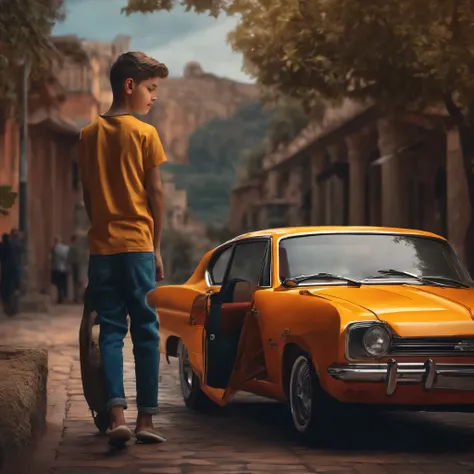 Students boy with car and place