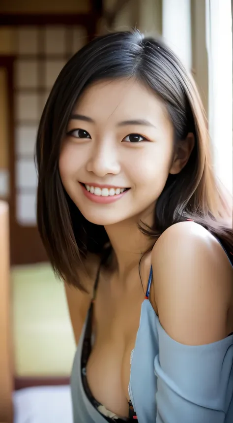 masterpiece,best quality,(Japanese ),((Beautiful girl)),cleavage,indoor,(perfect body beauty:1.2),(shy smile),beautiful teeth,