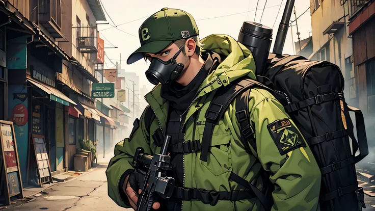 city of ruins, hold a gun, Hold your rifle, put on a gas mask, Tactical Jacket, green hair, short hair, wearing a hat, Carry a backpack, male, one person, Tactical equipment, gas mask, anime, Hmm, rough skin, Super detailed, advanced details, highest quali...