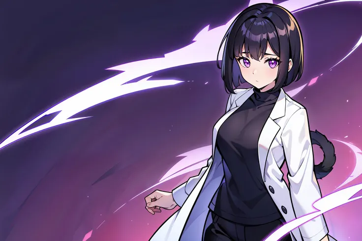 ((female)), solo, purple eyes, black hair, straight hair, short hair, monkey tail, (((white lab coat))), black pants, (labatory background), standing, fullbody, up close, Very good figure, extremely detailed, cinematic lighting, volume lighting, masterpiec...