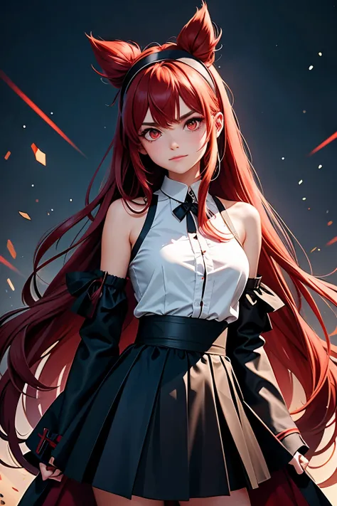 eris greyrat, 1girl, solo, long hair, ahoge, red eyes, red hair, bare shoulders,hairband, crossed arms,blush, skirt, black hairband, breasts, detached sleeves,bangs, hair between eyes, long sleeves, hair flaps, closed mouth, black skirt, brown skirt, shirt...