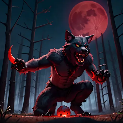 Werewolf, glowing red eyes, bloody red fangs, fangs, bloody, sharp claws, black furr, full moon, blue moon, black forest, forest, darkness, 