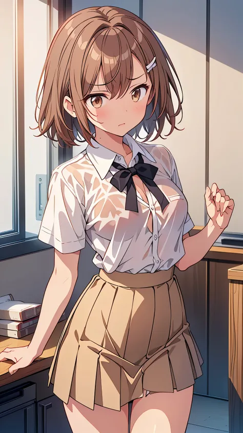 masterpiece, best quality people, Excellent_Mikoto, with brown eyes, short_hair,Top Quality Misaka Mikoto School High School Uniform Sweat Sheer White Shirt Beige Bra Tiny Sexy Skirt Flipping Angry Sweat Wet Messy Clothes Ripped Clothes