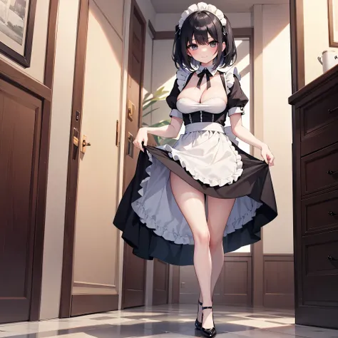 (1 solo skinny maid:1.3) standing alone in hallway, (curtsey:1.5), (both hands pinch own short skirt and lift skirt higher:1.4), tiptoe, BREAK, black short hair, black eyes, smile for viewer, BREAK, (bursting large breasts), cleavage, inconceivably narrow ...