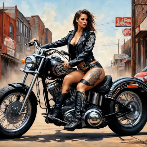 A detailed digital airbrush painting of a beautiful, mulher estilo rock sentada em uma motocicleta, inspired by the biker club aesthetic, similar to the vibration of &#39;Sons of Anarchy&#39;. The scene takes place in an urban setting, mixing elements of r...