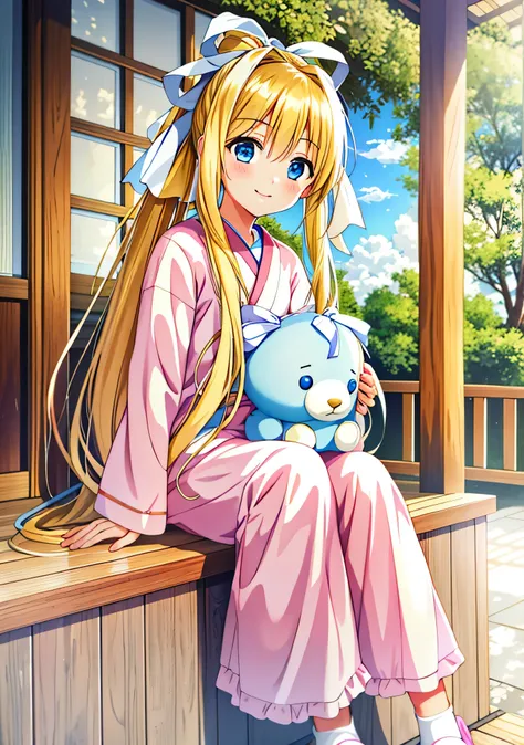 1girl, best quality, hdr, kamio misuzu, air, blue eyes, long hair, blonde hair, ponytail, white ribbon on hair, pink pajamas, lo...