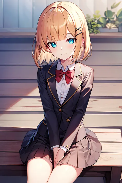 detectivelunch break, smile, short hair, bangs, blue eyes, shirt, hair accessories, long sleeves, skirt, bow, blond hair, hairpi...