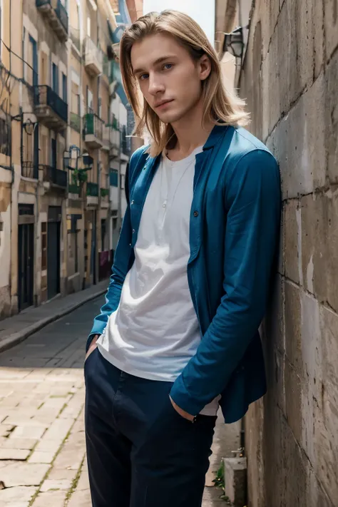 Detailed CG Unity 8K Wallpapers,masutepiece, Best Quality, Ultra-detailed), 25-year-old man living in Lisbon, 25 year old male, dark-blond hair, blue eyes, pale skin, casual and colorful clothes, masculine posture