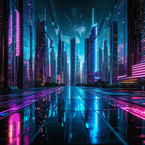 A futuristic cityscape with holographic neon lights illuminating the sky, reflecting off of glass skyscrapers, circuitboard.