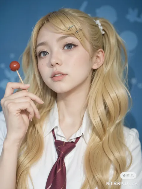 chica de pelo rubio con corbata y una paleta roja, chica anime cosplay, japanese gyaru portrait, chica anime en la vida real, junko enoshima de danganronpa, ann takamaki de persona 5, colegiala hiperrealista, pelo rubio con coletas, un hiperrealista , chic...