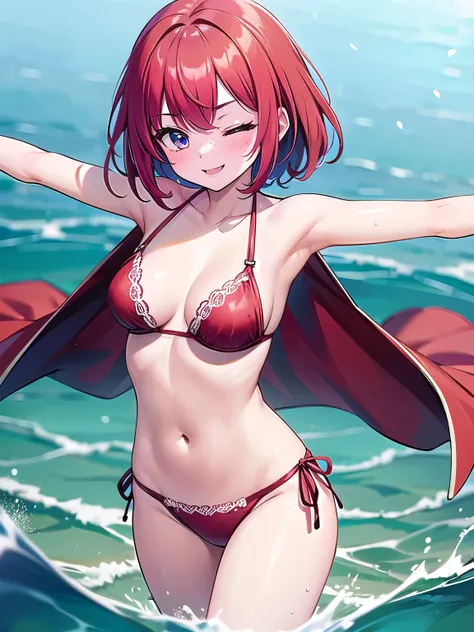 1girl, cowboy shot, bikini, red bra, looking at viewer, medium breasts, one eye closed, smile, spread arms, navel, bare stomach, collarbone, shor hair, red hair, in water, walking